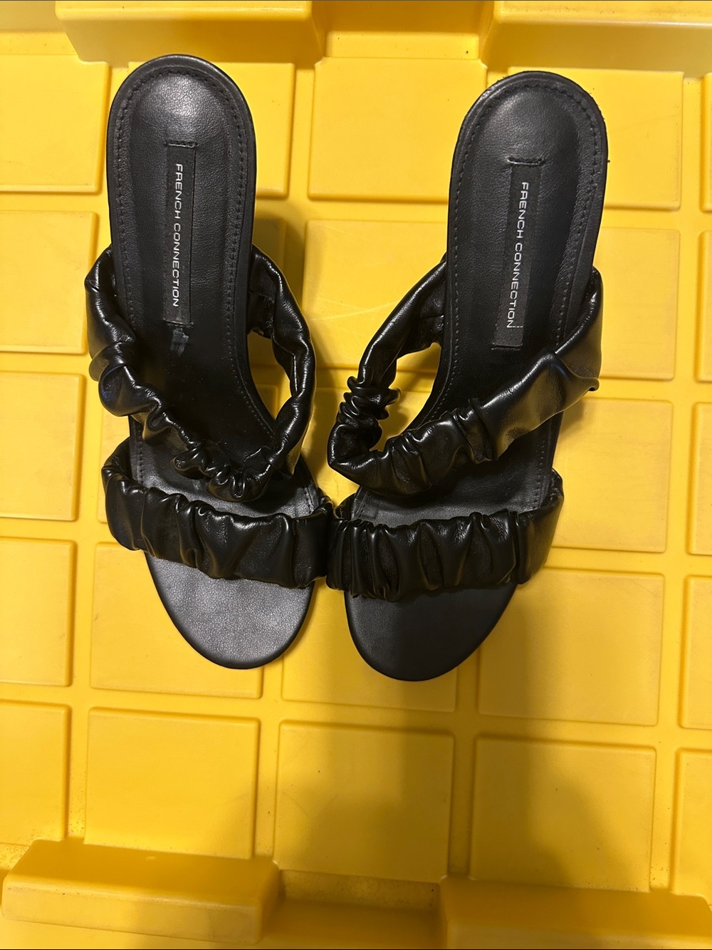 French Connection Black Ruched Slide Mules